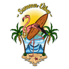 flamingo surfing vector illustration