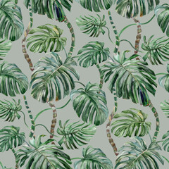 Seamless pattern with monstera flower painted in watercolor on a gray background for prints and textile design