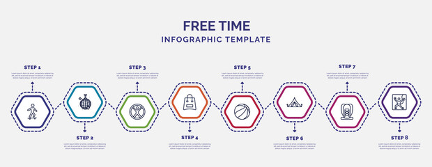 infographic template with icons and 8 options or steps. infographic for free time concept. included skateboarding, zorbing, bags, sports, camping, hiking, climbing icons.
