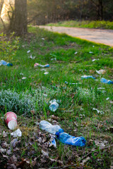 garbage scattered on the grass in the forest
