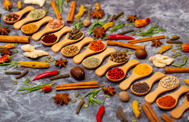 A set of spices on a gray background. Variety of spices from India. Food decoration design. Various spices, peppers and herbs close-up top view. Set of peppers, salt, herbs and spices for cooking.