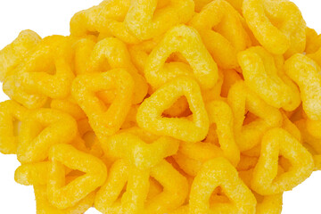 Spicy corn chips on a white background. Dry snack food background.