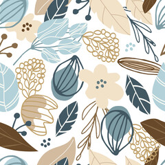 Floral seamless autumn pattern. Abstract tiles in simple cartoon hand drawn style. Scandinavian background in pastel palette. Print for printing on textiles. Vector illustration, doodle