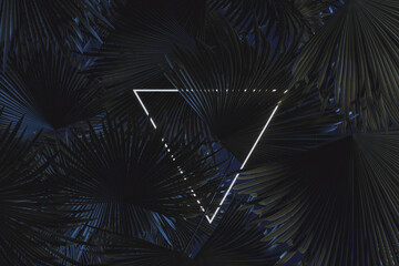 3d rendering of lighten neon triangle covered by palm leaves. Flat lay of minimal cinematic style concept