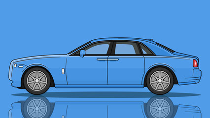 Classic blue car isolated on light blue background with its reflection on the floor vector image.