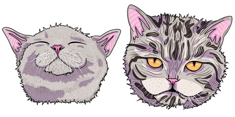 Stickers of cute cat with yellow eyes. Illustration with two cat. Cat set. Tattoo sketches with cat. Cartoon cats or kitten characters design collection. Set of animals isolated on white background. © Anastasiia