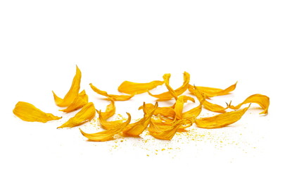 Dry, withered sunflower petals and yellow pollen isolated on white 
