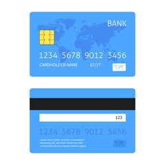 Simple blue credit card illustration back and front sides. Vector illustration..