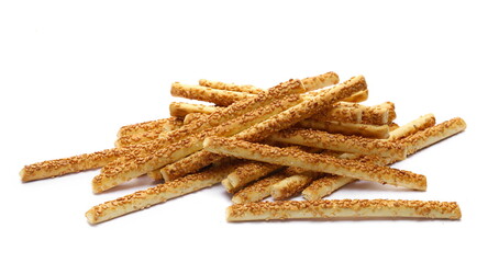Pretzel bread sticks with sesame seeds, snacks isolated on white  