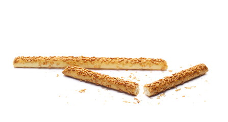  Pretzel bread sticks with sesame seeds, snacks broken isolated on white  