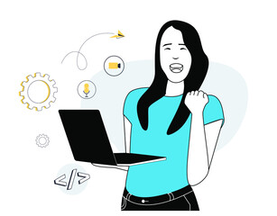 Happy young woman using laptop vector illustration on vector background element design
