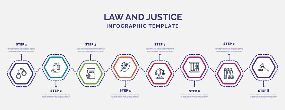 Infographic Template With Icons And 8 Options Or Steps. Infographic For Law And Justice Concept. Included Criminal, Documents, Environmental Law, Law Balance, Prisioner, Practise Areas, Gavel Icons.