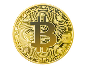 Bitcoin close-up on a white background. Souvenir coin bitcoin.