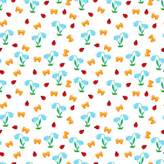 Seamless children s white background with sun, clouds, flowers and mushrooms. Vector graphics