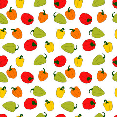 A set of seamless backgrounds with sweet peppers, leaves and flowers. Vector graphics