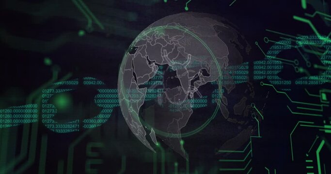 Spinning globe and microprocessor connections over security chain icon against black background