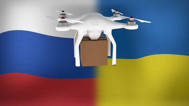 Animation of drone flying over flags of russia and ukraine