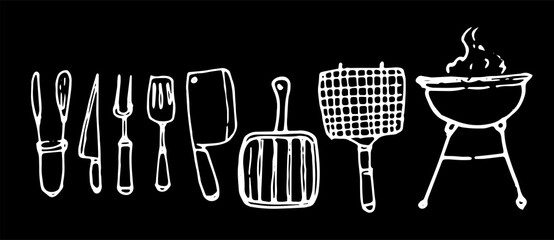 a set of icons for summer barbecue tools. collection of knives and forks, grill pan and barbecue grill for summer picnic, doodle style with isolated white outline line on black for label packaging des
