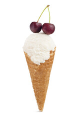 creamy ice cream with cherries in waffle cone isolated on white background