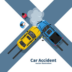 Car accident concept. Two crash cars top view. Transport incident, cartoon style. Vector illustration flat design. White background. Two vehicle collided on road. Violation of driving safety rules.