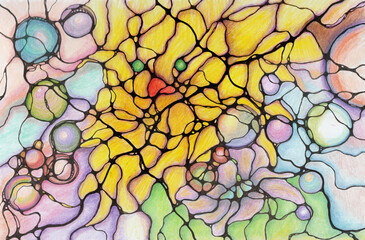 Neuro art graphic concept yellow abstract bird, colorful bubbles and circles. Art therapy of brain, mental safe care, pencil drawing