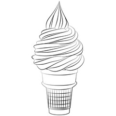 creamy twisted soft ice cream waffles, ice cream cones wafer sketch drawing, contour lines drawn