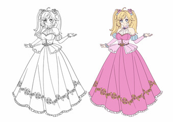 Vector illustration of anime princess with blonde hair standing and wearing ball dress.