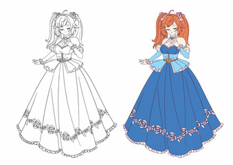 Vector illustration of anime princess wearing ball dress.