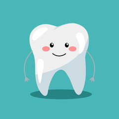 Adorable laughing molar tooth. Cute joyful mascot. Colorful vector illustration in flat style.