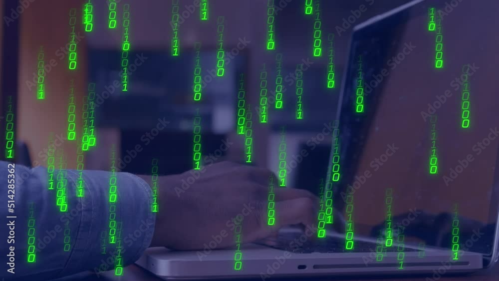 Poster animation of data processing over hands using laptop in server room