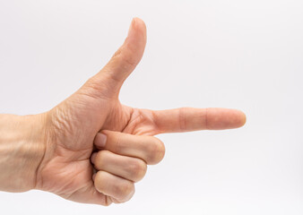 hand with two fingers out of man on white background in light box