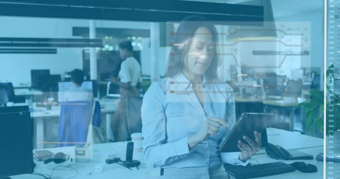 Animation of data processing over asian businesswoman using tablet in office