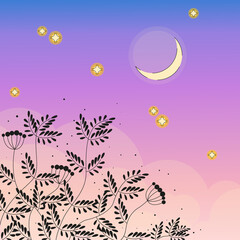 Vector evening sky, moon and clouds in flat style, moon and stars, Starry sky, moon in the night sky, sunset, evening sky, stars, pink vector background,sunset in the sky