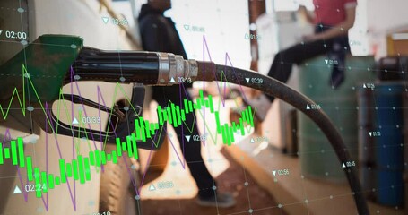 Animation of data processing over diverse couple at petrol station - Powered by Adobe