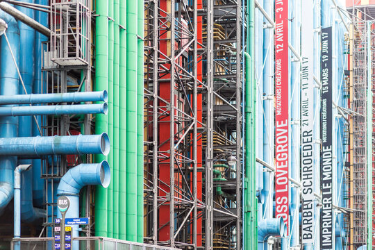 Paris, France - May 12, 2017: Architectural details on the facade of the Centre Pompidou. The Centre Pompidou is home to the National Museum of Modern Art.
