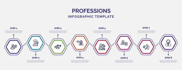 infographic template with icons and 8 options or steps. infographic for professions concept. included podiatrist, miner, telemarketer, graphic de, mathematician, carpenter, callcenter icons.