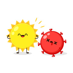 Sun cartoon vector. Summer sun light kill and reduce infection rate of Coronavirus COVID-19 outbreak crisis concept, Hot sun shinning and burn to melt COVID-19 Coronavirus.
