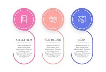 Concept of shopping process with 3 successive steps. Three colorful graphic elements. Timeline design for brochure, presentation, web site. Infographic design layout.