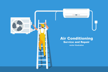 Air conditioning service landing page. Installation of air conditioner. Repairman character installing cold ventilation. Repair climate control. Vector illustration flat design. Isolated background.