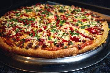 Juicy pizza seluruh close-up di atas meja. Pizza dengan keju dan sayuran.