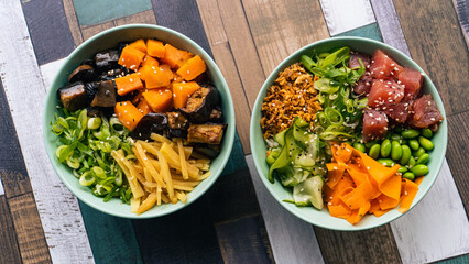 Two Buddha bowls. Healthy dish.