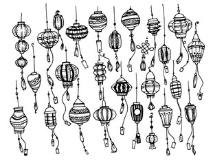 a set of Chinese lanterns, hand-drawn in sketch style. Japanese vector icons of isolated elements of paper street lanterns black isolated outline. hanging lanterns in the traditional Asian style. A ha