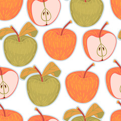 Seamless fruit pattern with whole apples ,halves,leaves green,yellow colors on white.Colorful background for printing on fabric and paper.Vector hand drawn illustration for design card,cover.