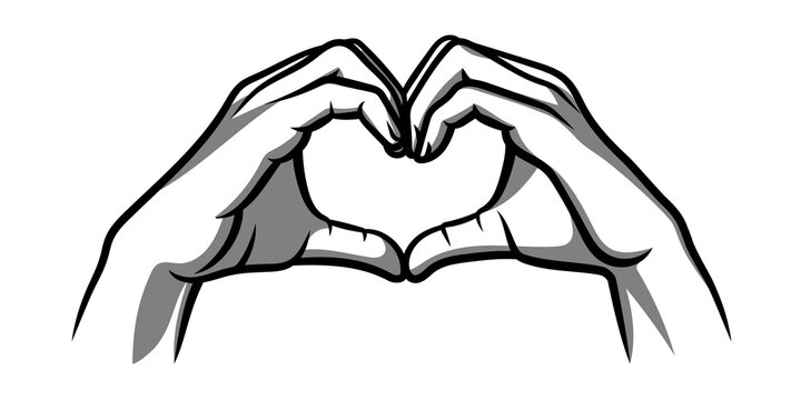 Illustration of Hands making Sign of Heart. Vector Illustration. Ink Style. Line and Shadows.