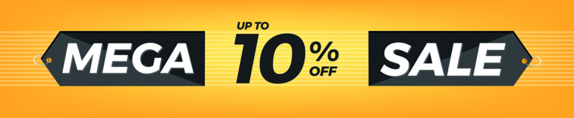 10% off. Horizontal yellow banner. Advertising for Mega Sale. Up to ten percent discount for promotions and offers.