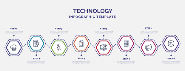 infographic template with icons and 8 options or steps. infographic for technology concept. included web servers, click through rate, attributes, content marketing, native apps, call to action,