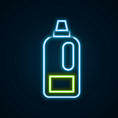 Glowing neon line Plastic bottle for laundry detergent, bleach, dishwashing liquid or another cleaning agent icon isolated on black background. Colorful outline concept. Vector