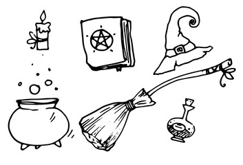 Vector set of magic isolated elements from a broom, a cauldron with a potion, a spell book, candles, a bottle with a potion for a design template drawn by hand with an isolated black line on white