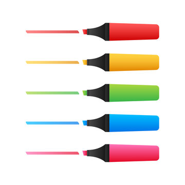 Highlighter pen marker set. School tools. Office supplies. Vector stock illustration.