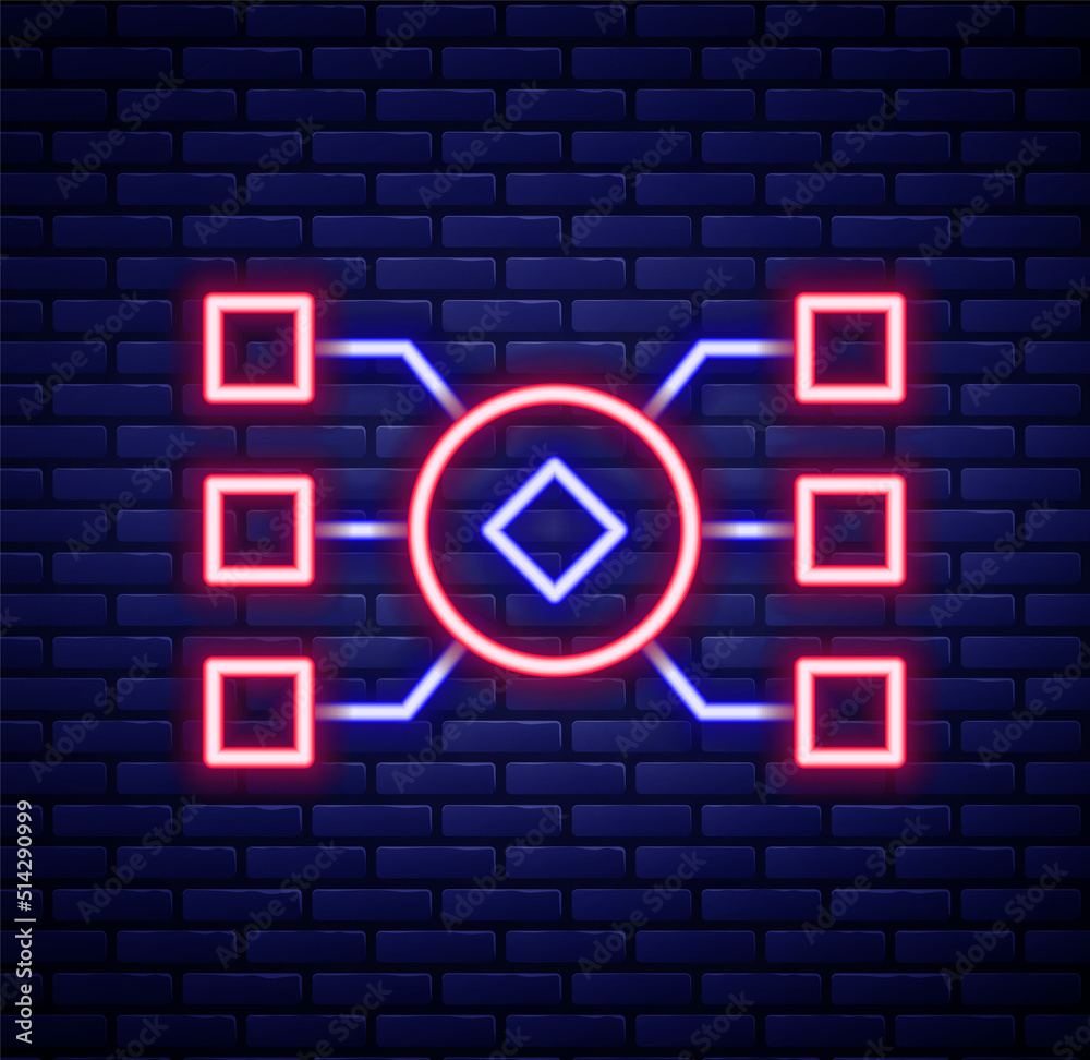 Canvas Prints Glowing neon line Neural network icon isolated on brick wall background. Artificial intelligence AI. Colorful outline concept. Vector